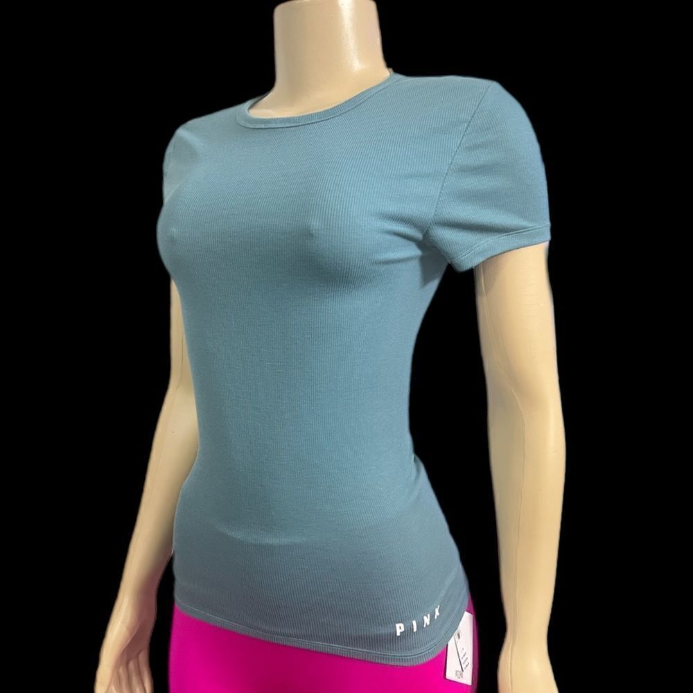 Victorias Secret Pink Ribbed Crew neck Short Sleeve Fitted Tee Shirt Teal Small